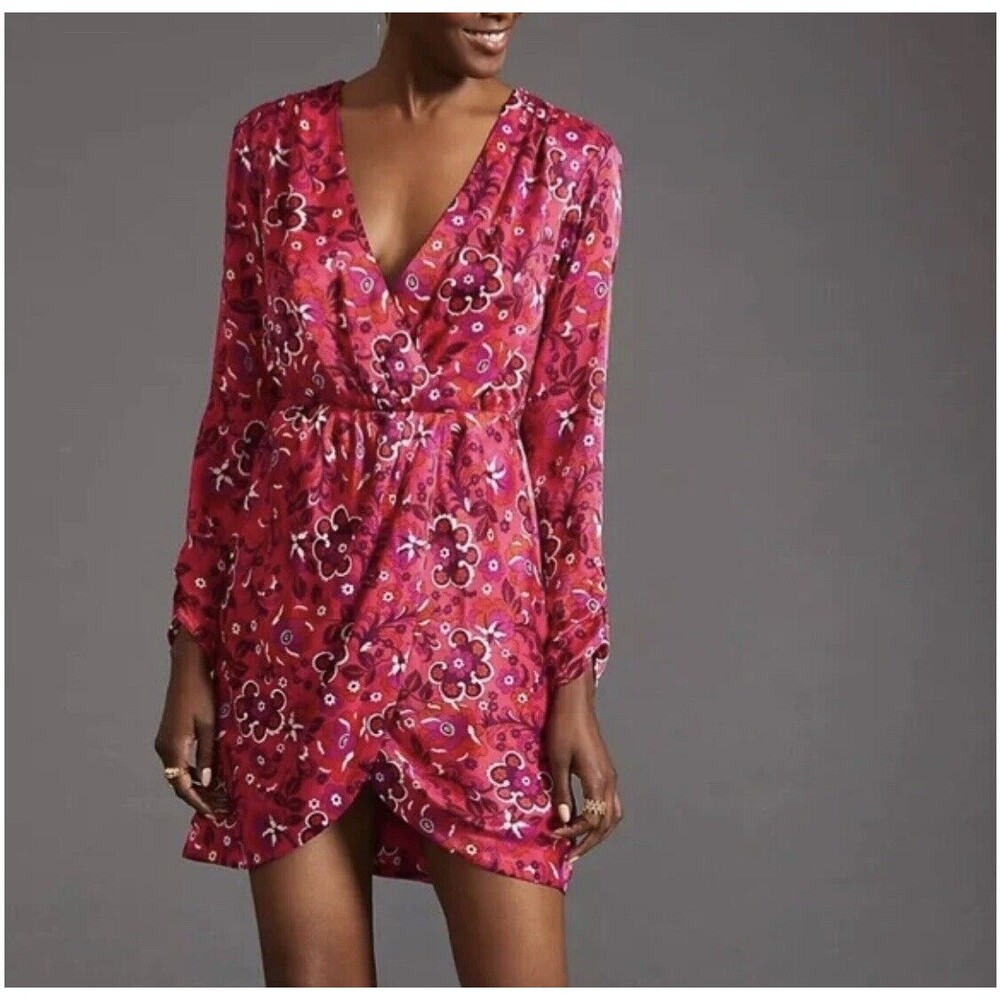 Anthropologie Maeve Dress Womens Small Floral Faux Wrap Mini OB1548418 Pink